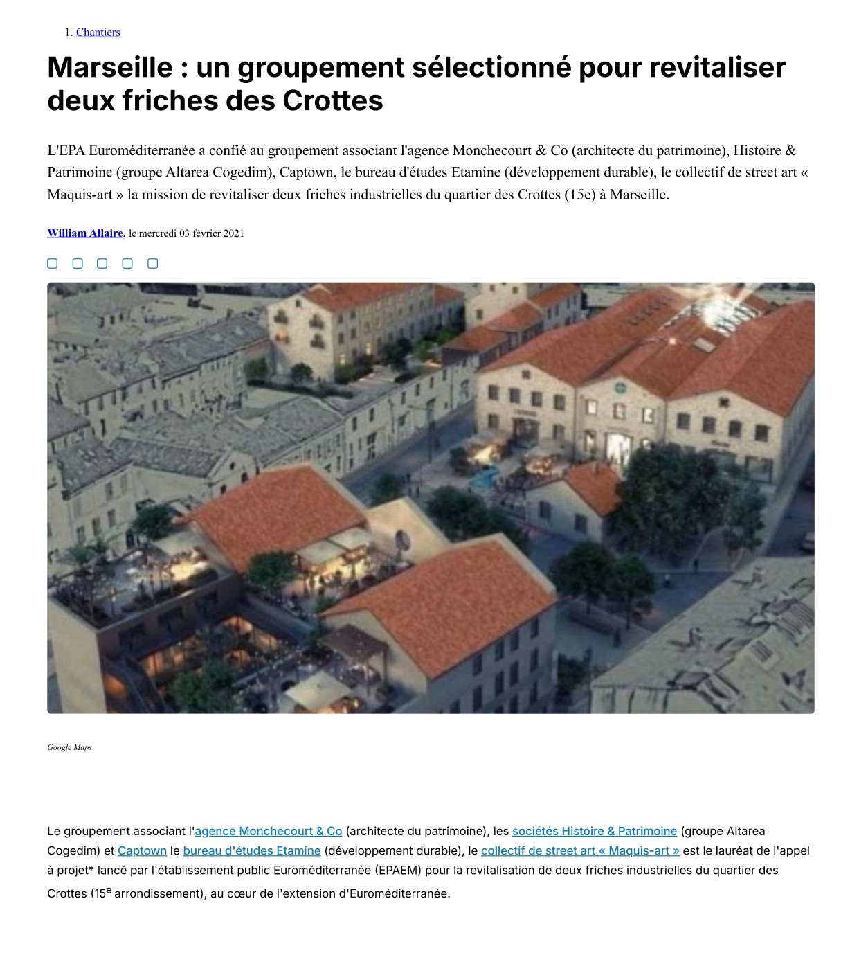 Marseille : un groupement sélectionné pour revitaliser deux friches des Crottes (mesinfos.fr) – 3 février 2021