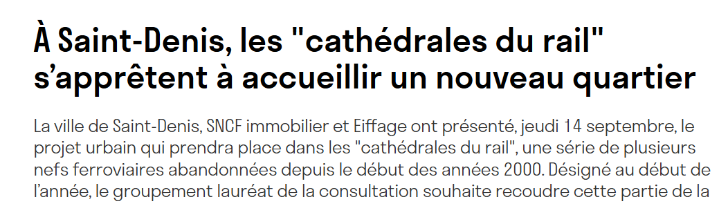 À Saint-Denis, les "cathédrales du rail" s'apprêtent à accueillir un nouveau quartier (AEF info) – 15 septembre 2023