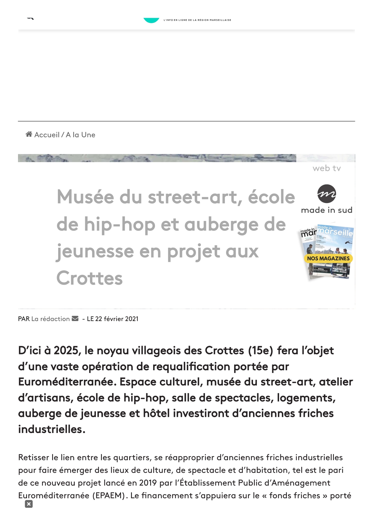 Musée du street-art, école de hip-hop et auberge de jeunesse en projet aux Crottes (Made in Marseille) – 22 février 2021