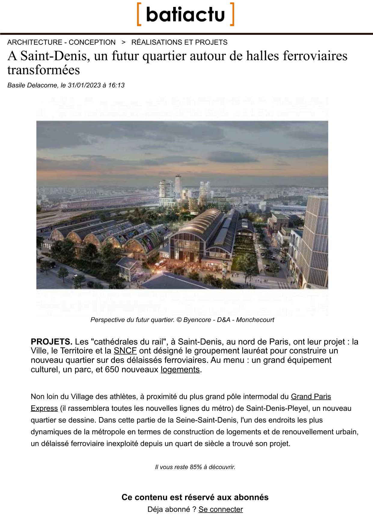 A Saint-Denis, un futur quartier autour de halles ferroviaires transformées (Batiactu) – 30 janvier 2023